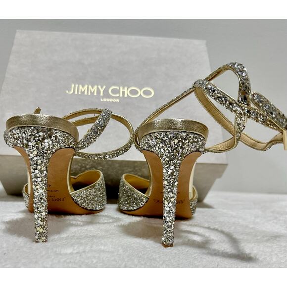 Jimmy Choo Women Sacora 85mm Glitter Sandals in Champagne - Picture 4 of 9